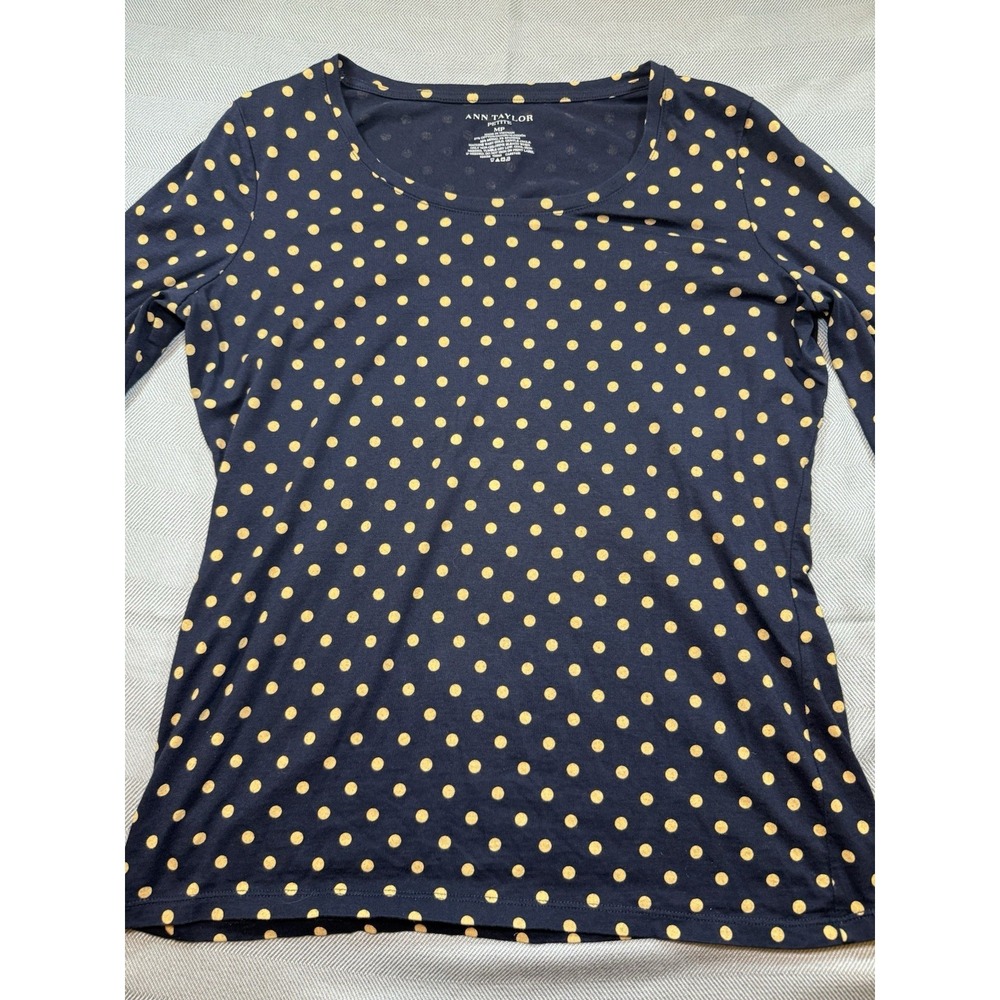 ANN TAYLOR Navy Blue Gold / Tan Polka Dot Scoop Neck Long Sleeve T-Shirt Tee MP